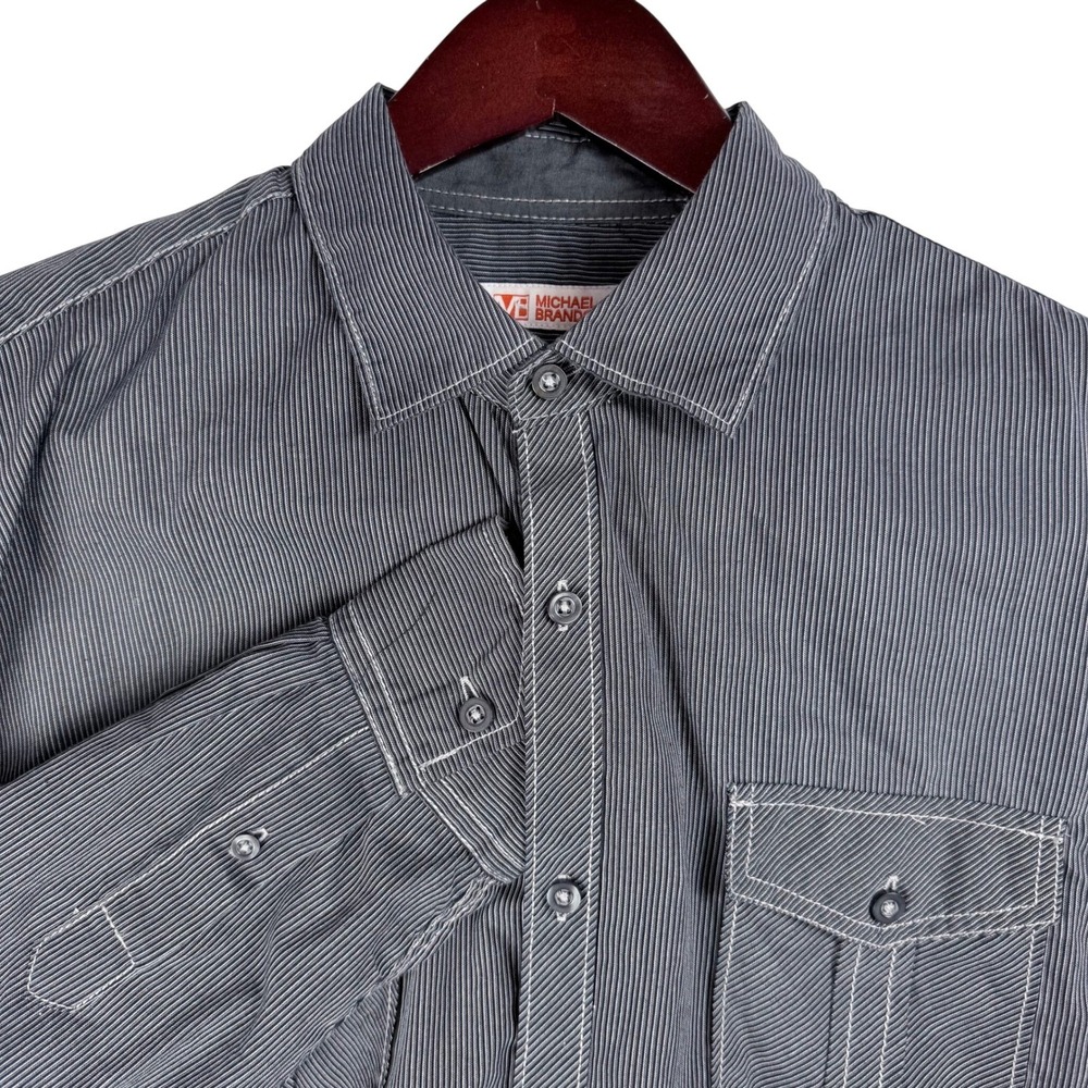 Michael Brandon Button Down Shirt Mens Large Grey Pinstripe Long Sleeve Workwear